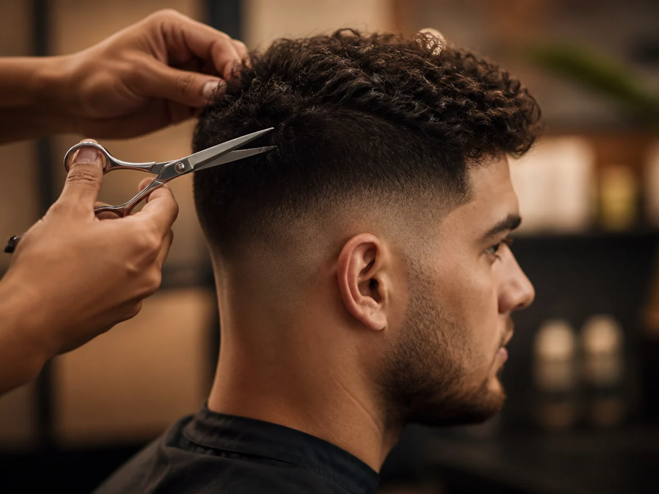Scissors trimming the top length where it overhangs the fade