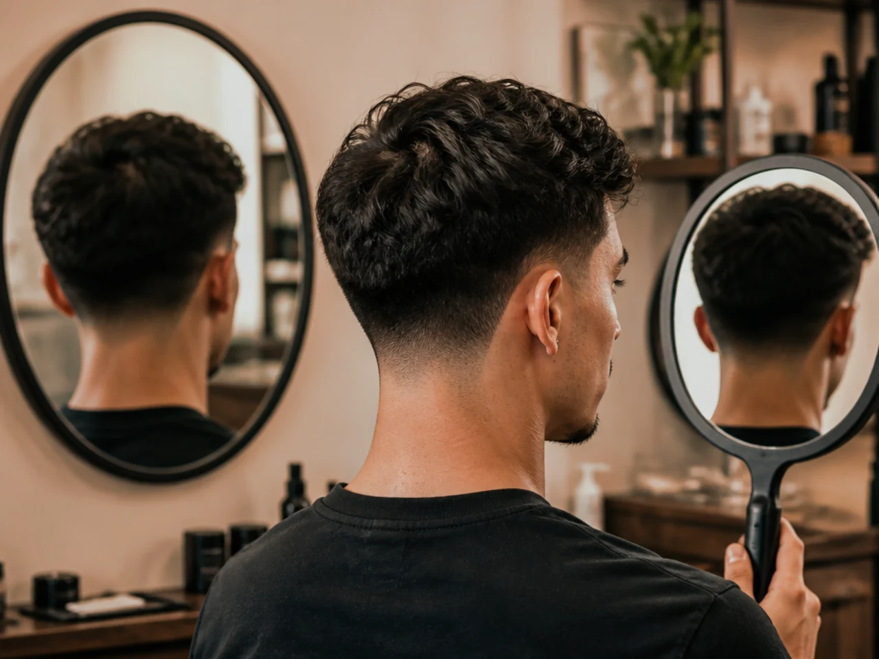 Two mirrors positioned to show the back of the head clearly