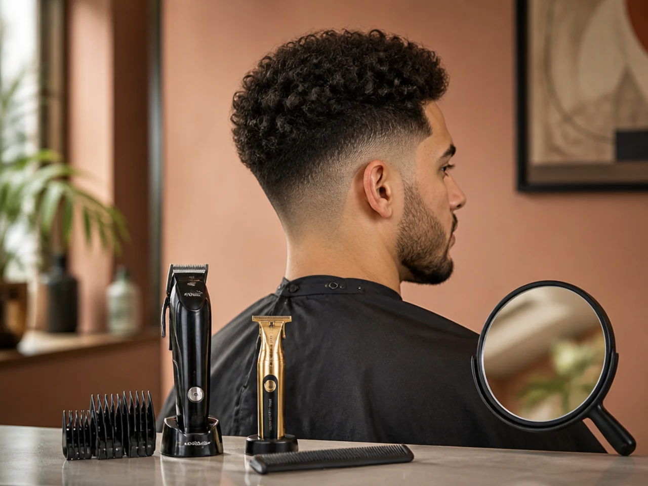 Clipper with guards, trimmer, comb and hand mirror arranged on a counter