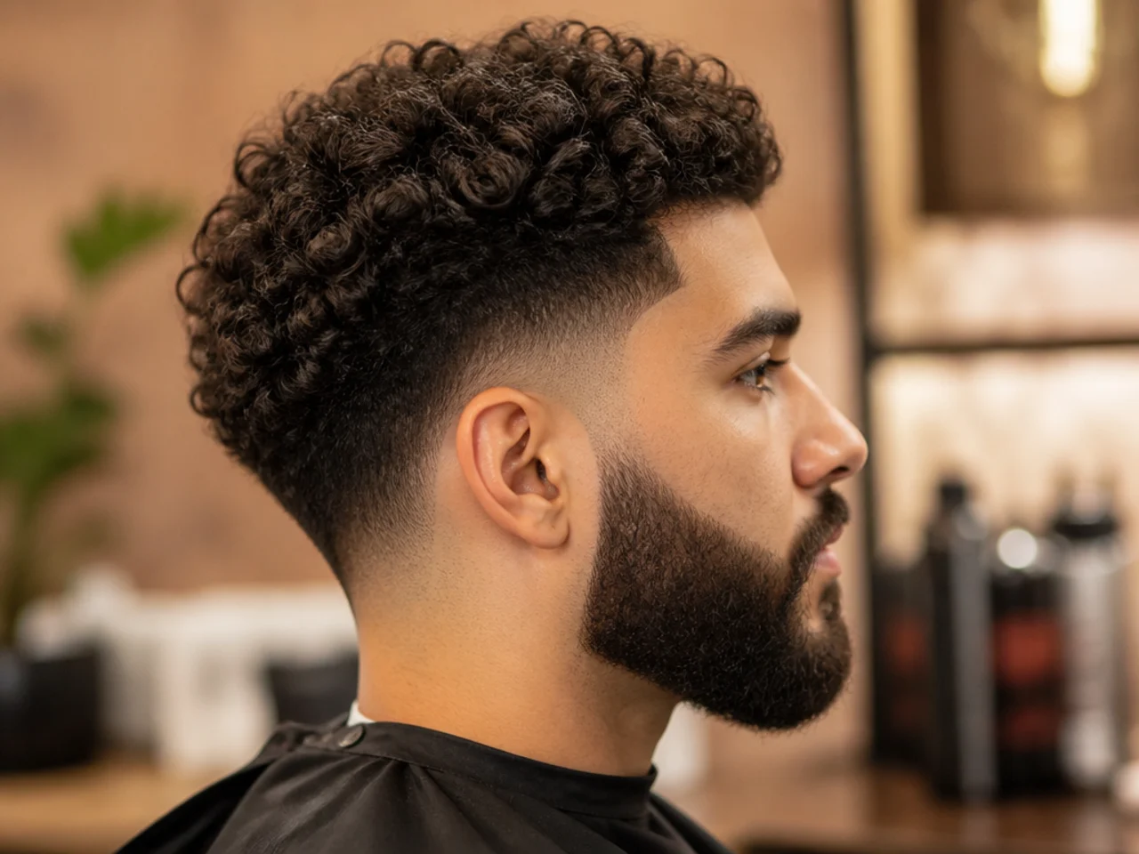 Drop taper fade meeting a full beard low on the jaw
