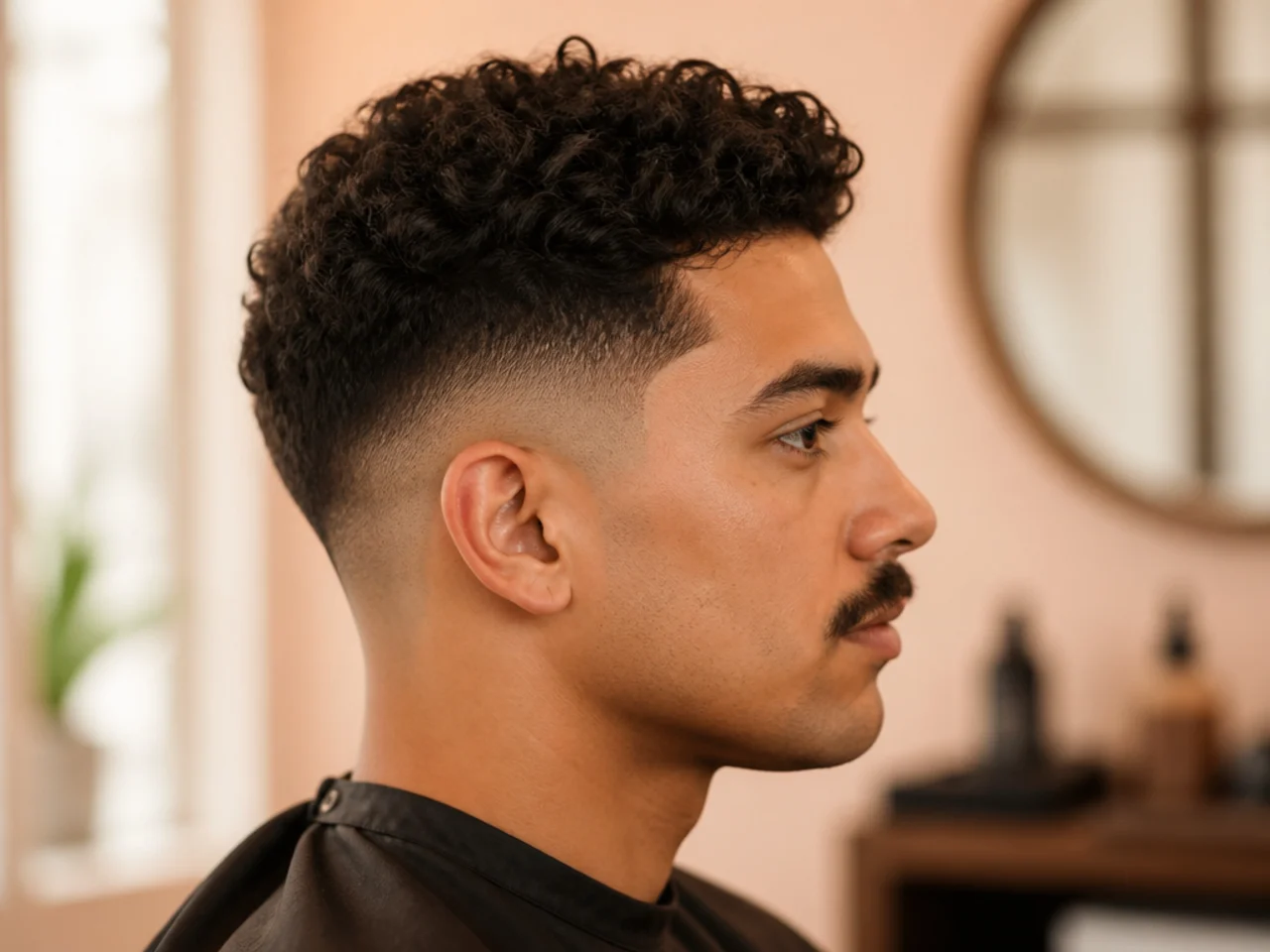 Clean taper fade with a defined moustache and no beard