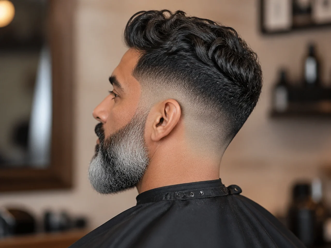 Dark taper fade paired with a grey full beard