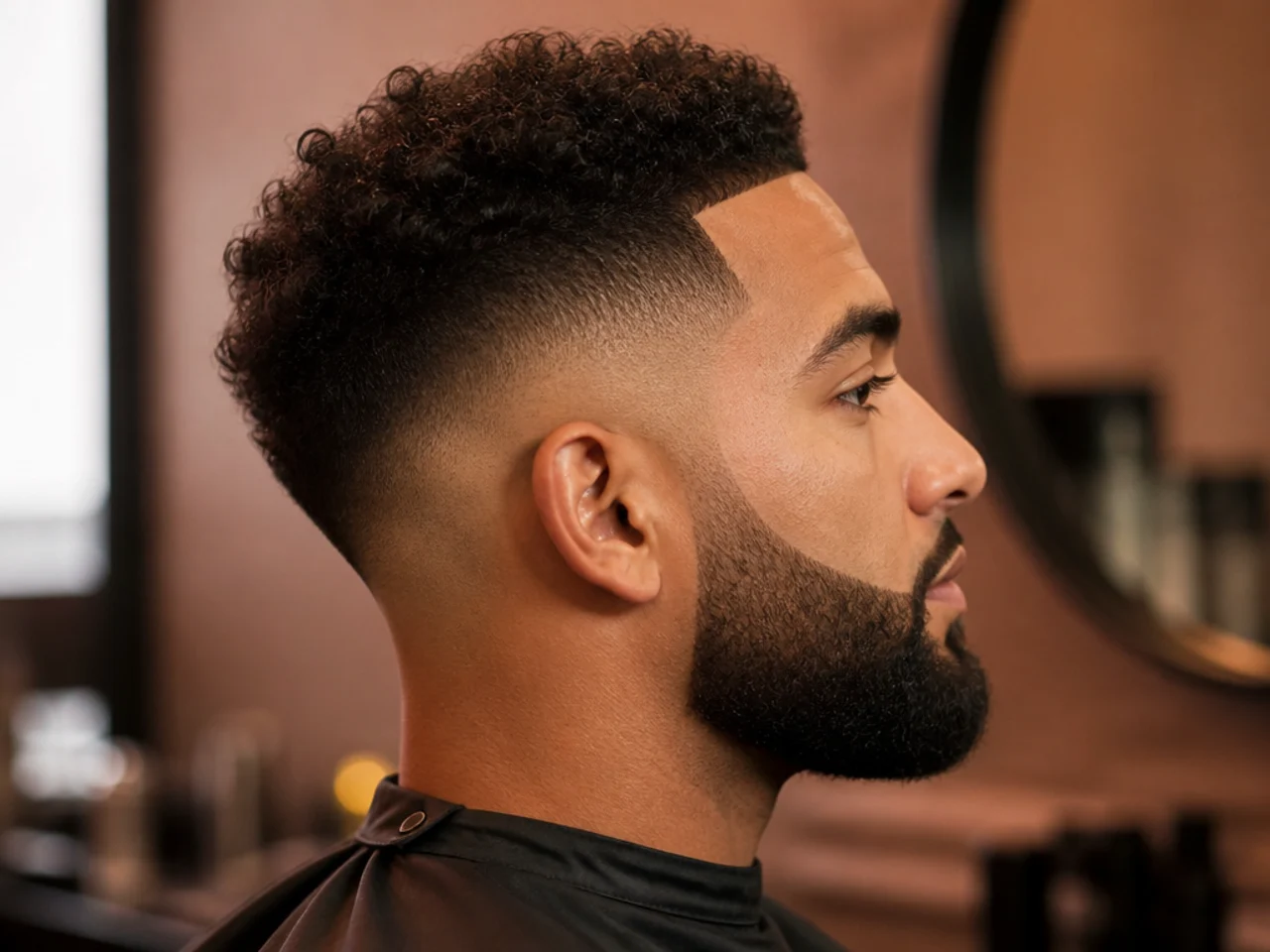 Taper fade with razored line-up at the forehead and beard edge