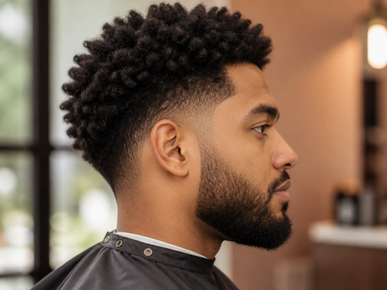 A softened grown-out taper fade with a natural beard