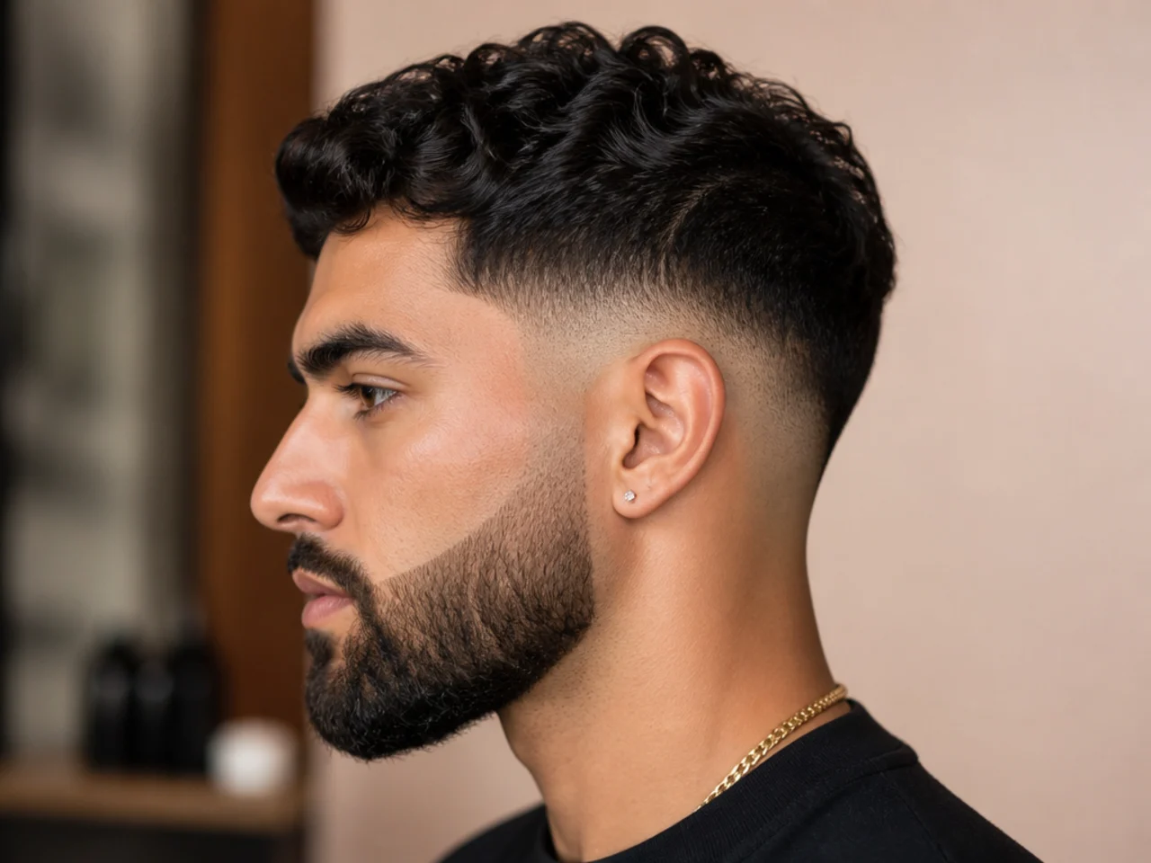Disconnected mid taper fade with a sharply lined beard