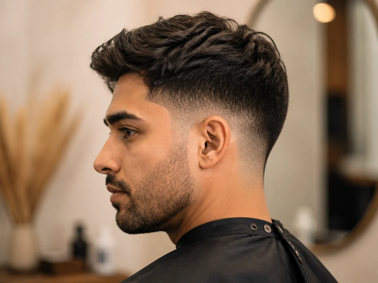 Low taper fade with matching short stubble