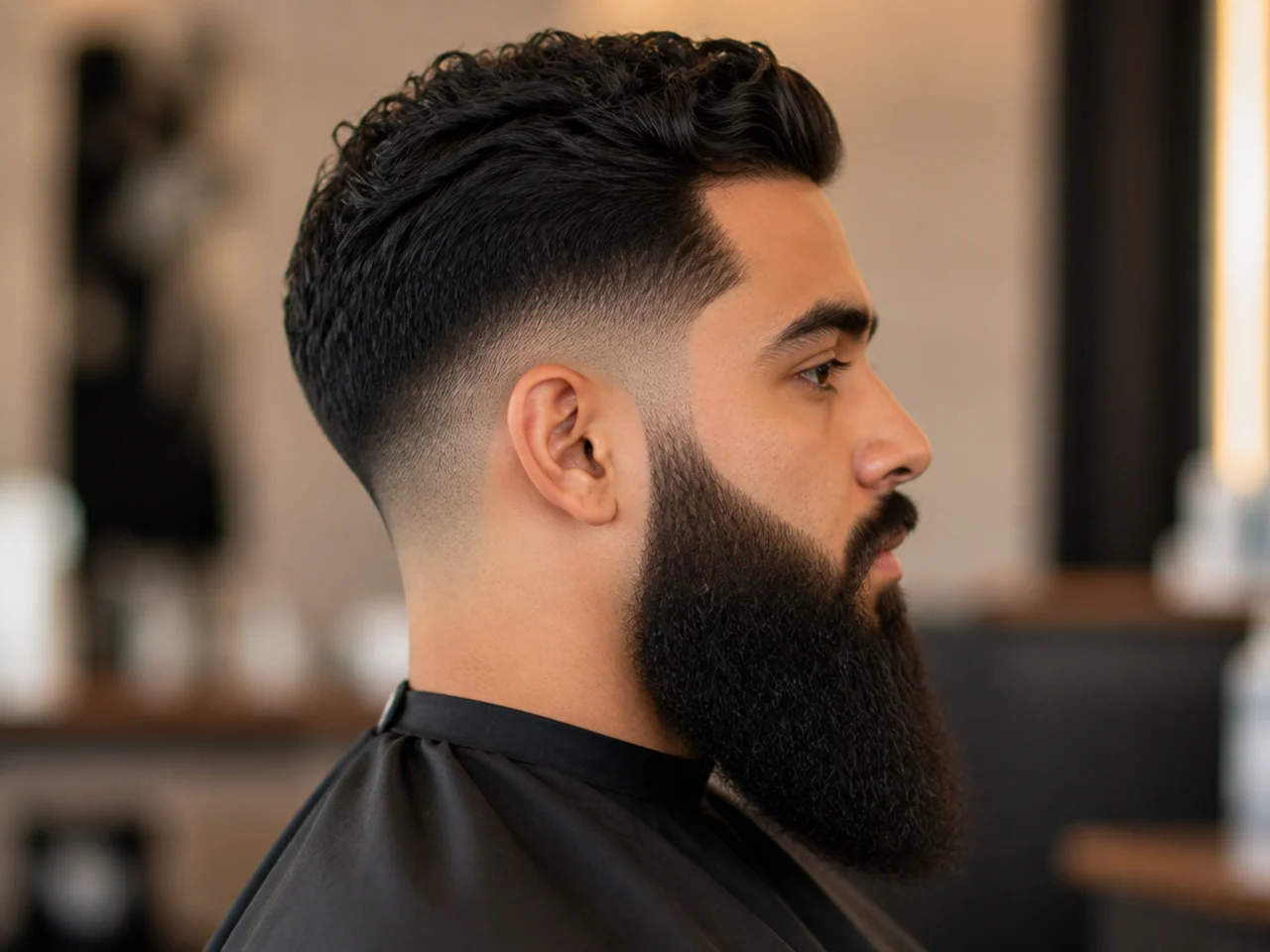 Tight taper fade with a long full beard