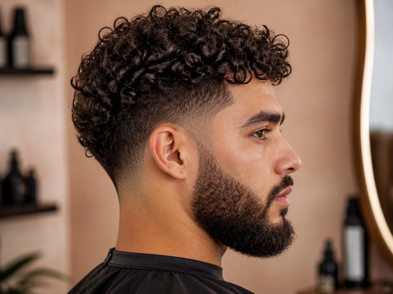 Curly taper fade with a matching curly beard