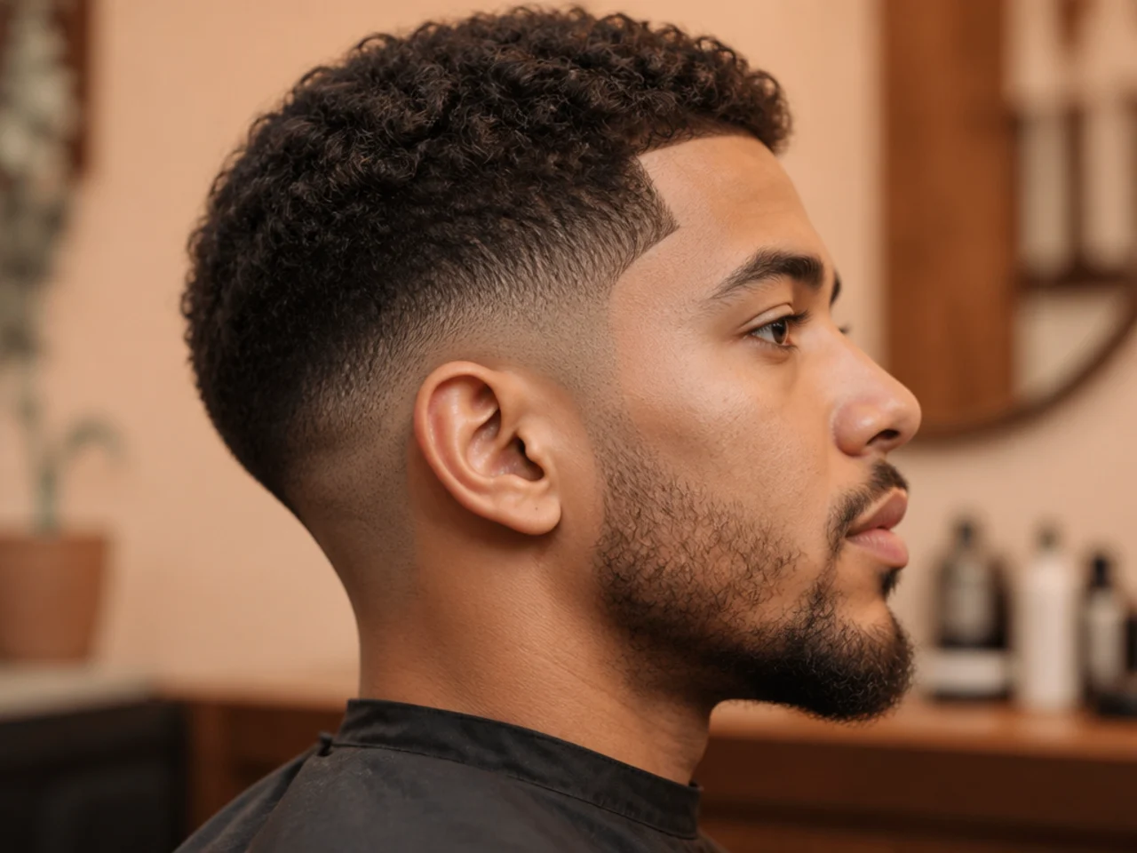 Disconnected taper fade with a short even beard on patchy growth