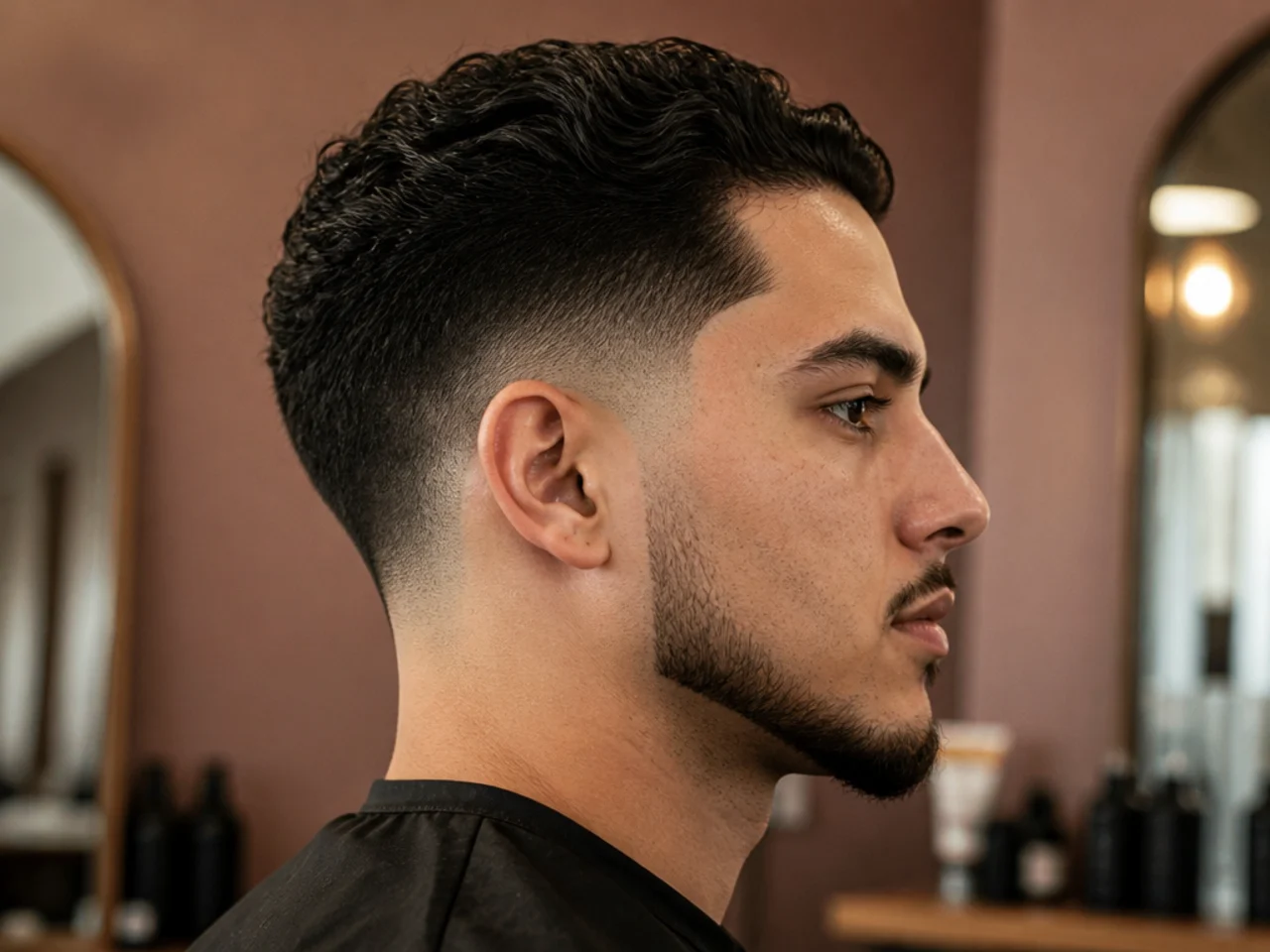 Taper fade blending into a narrow chin strap beard