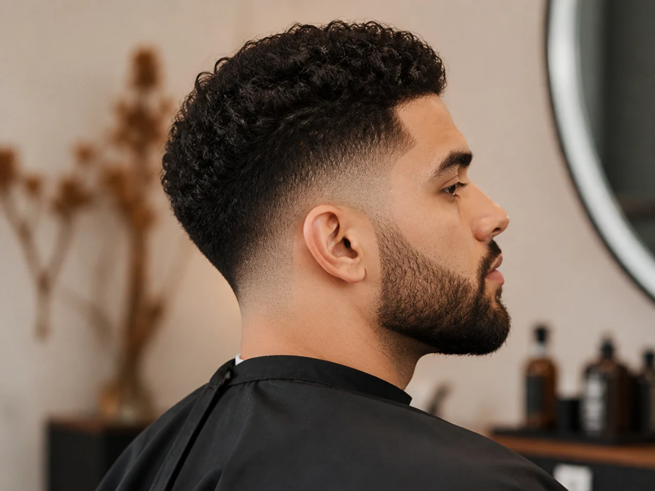 Three-quarter view of a finished taper fade and beard combination