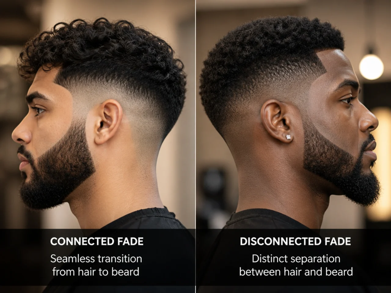 Connected and disconnected fade-to-beard transitions shown side by side