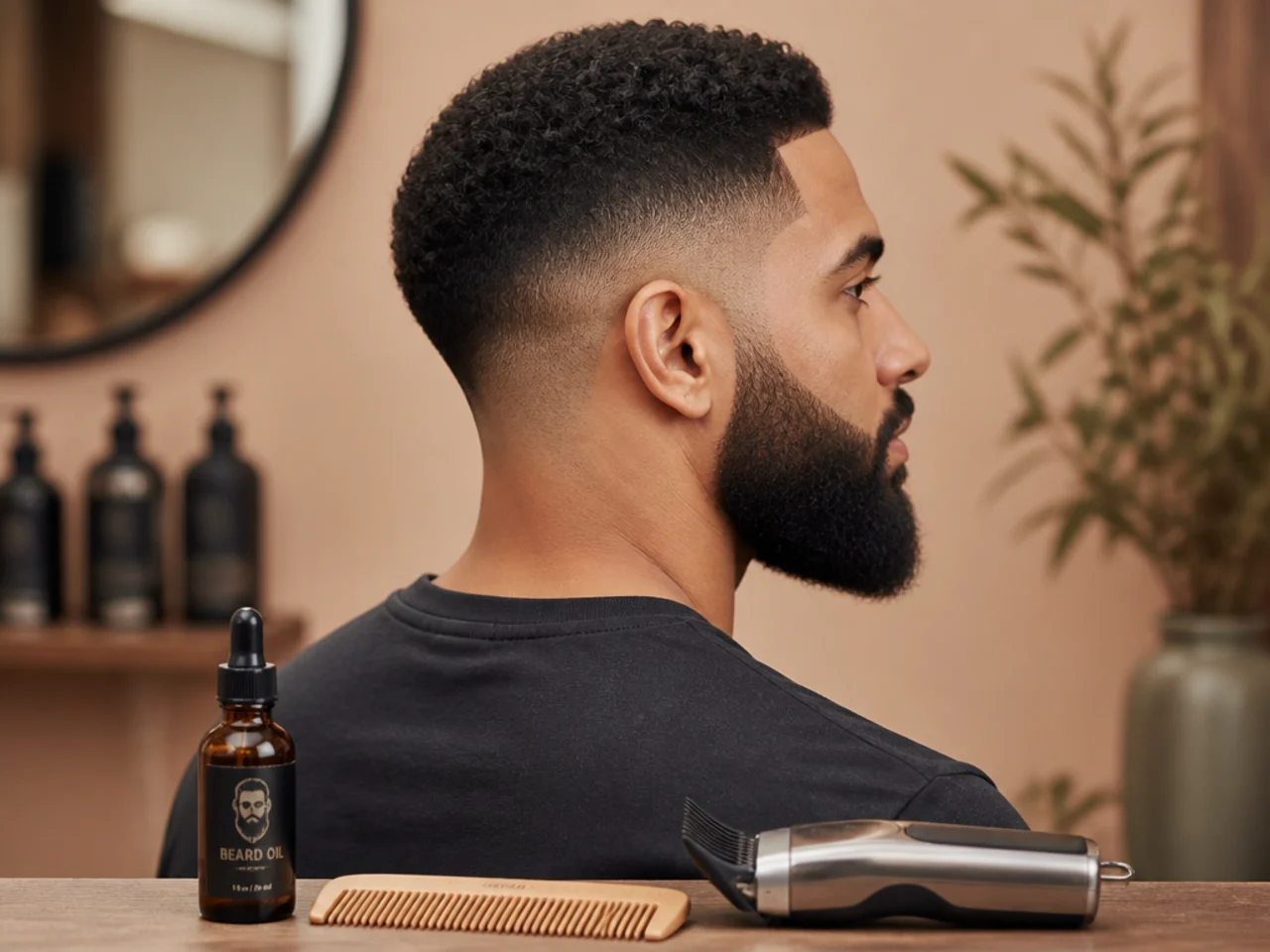 Beard oil, comb and trimmer laid out for fade and beard upkeep