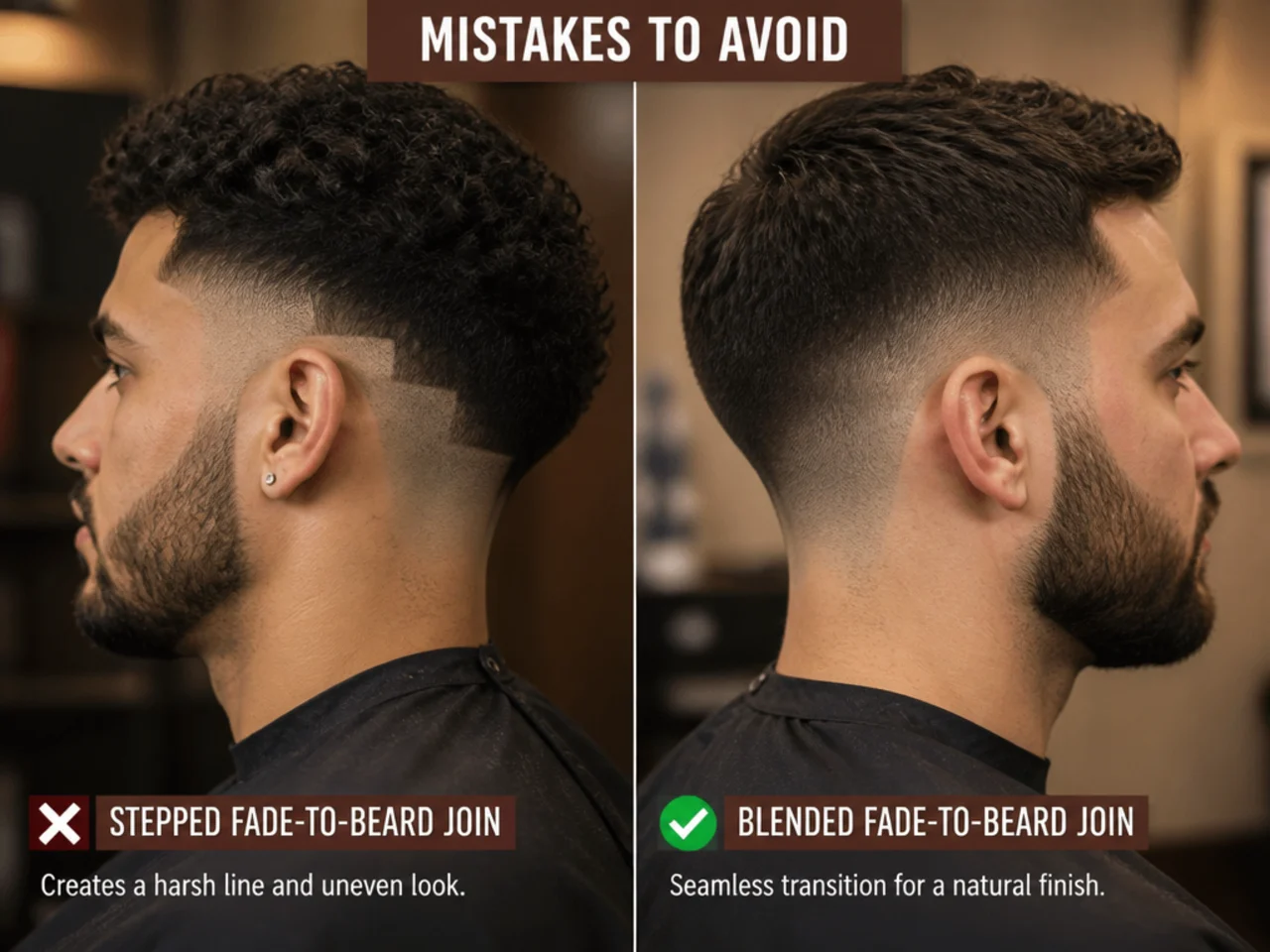 A stepped fade-to-beard join beside a correctly blended one
