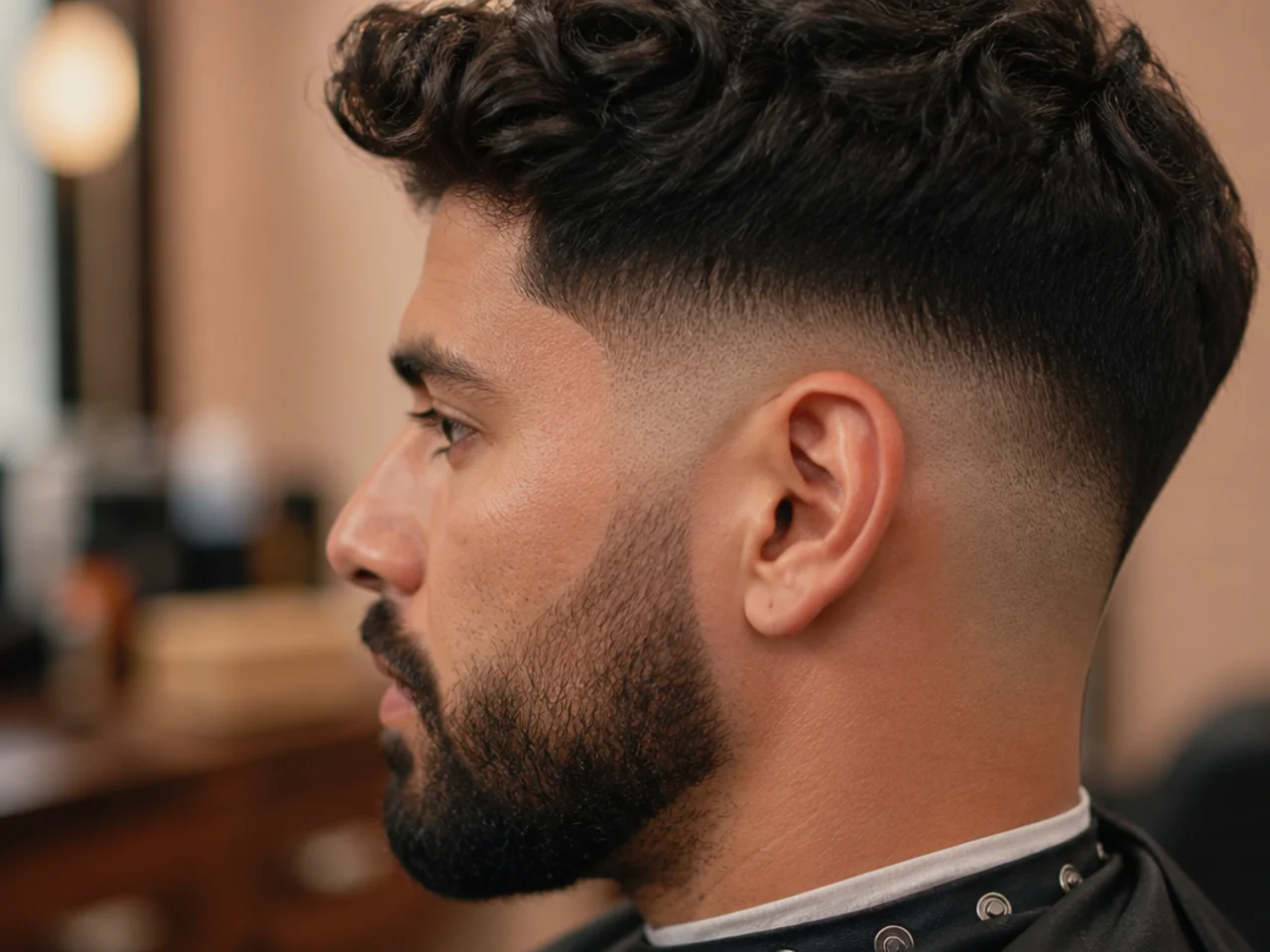 Close-up of the sideburn area where a fade meets a beard