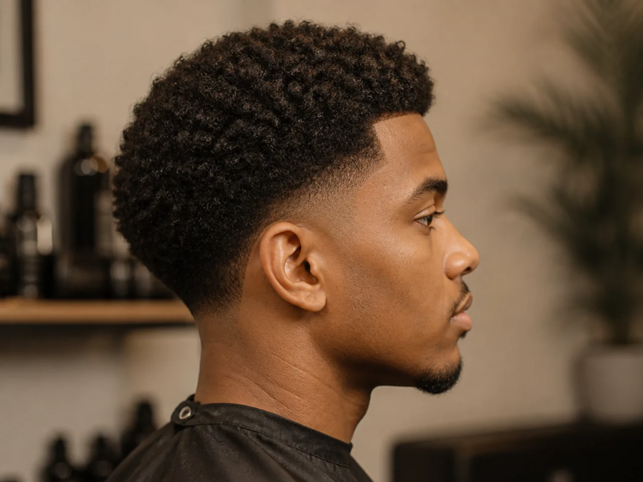 Short afro with a low taper fade