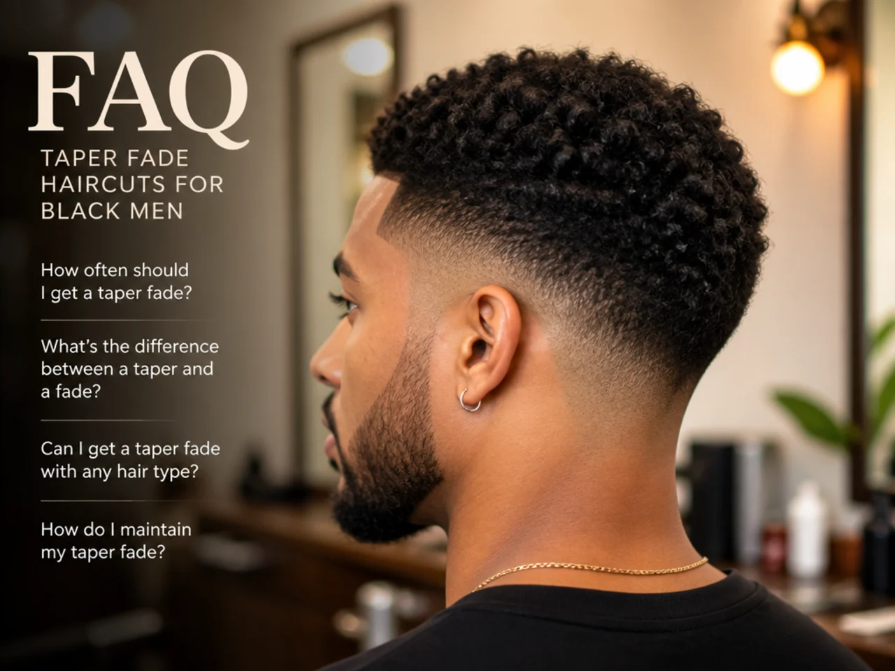 Three-quarter view of a finished taper fade on coily hair