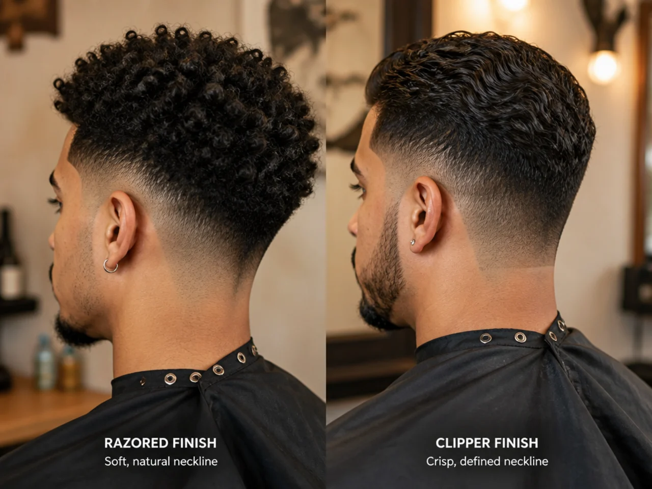 Razored and clipper-finished necklines shown side by side