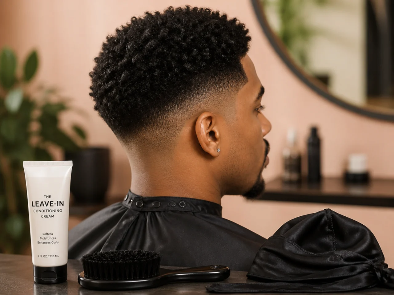 Leave-in cream, a wave brush and a durag laid out for coily hair care