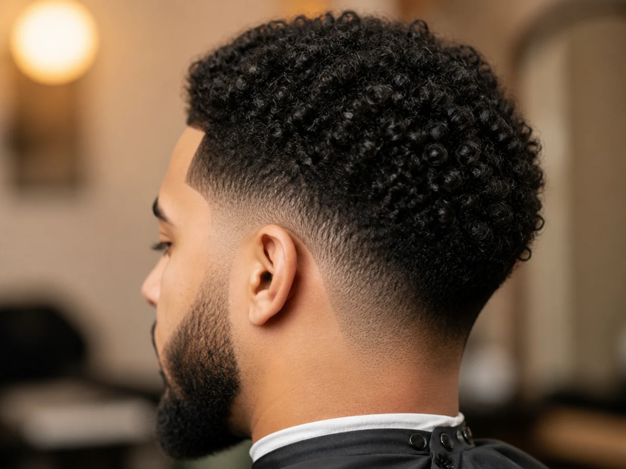 Close-up of the defined perimeter a taper creates on coily hair