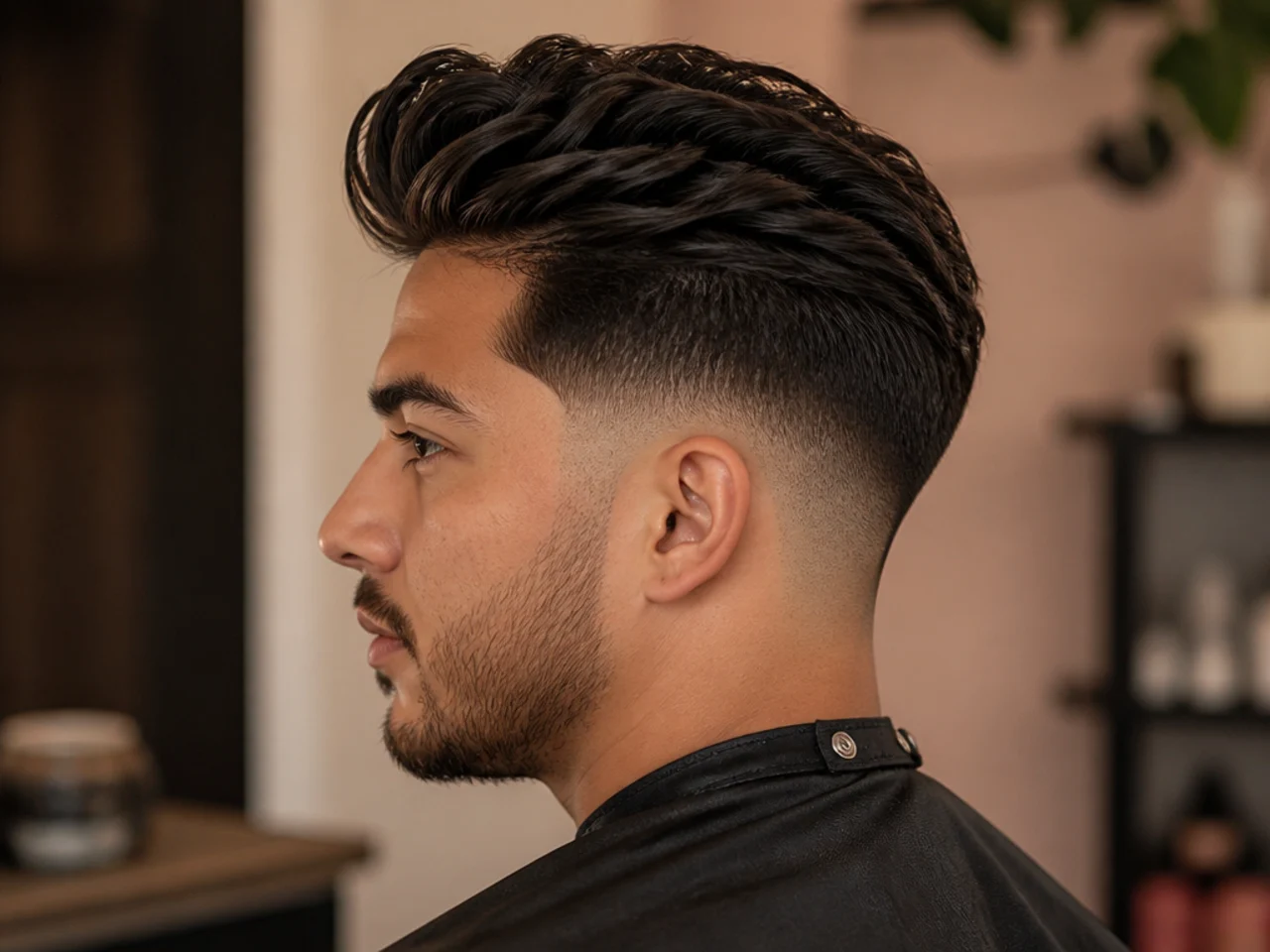 Quiff styled over a mid taper fade