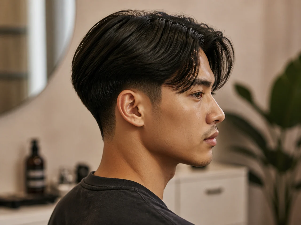 Middle part curtains over a low taper fade
