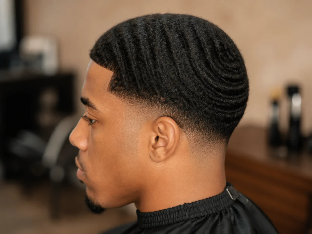 Brushed 360 waves with a low taper fade