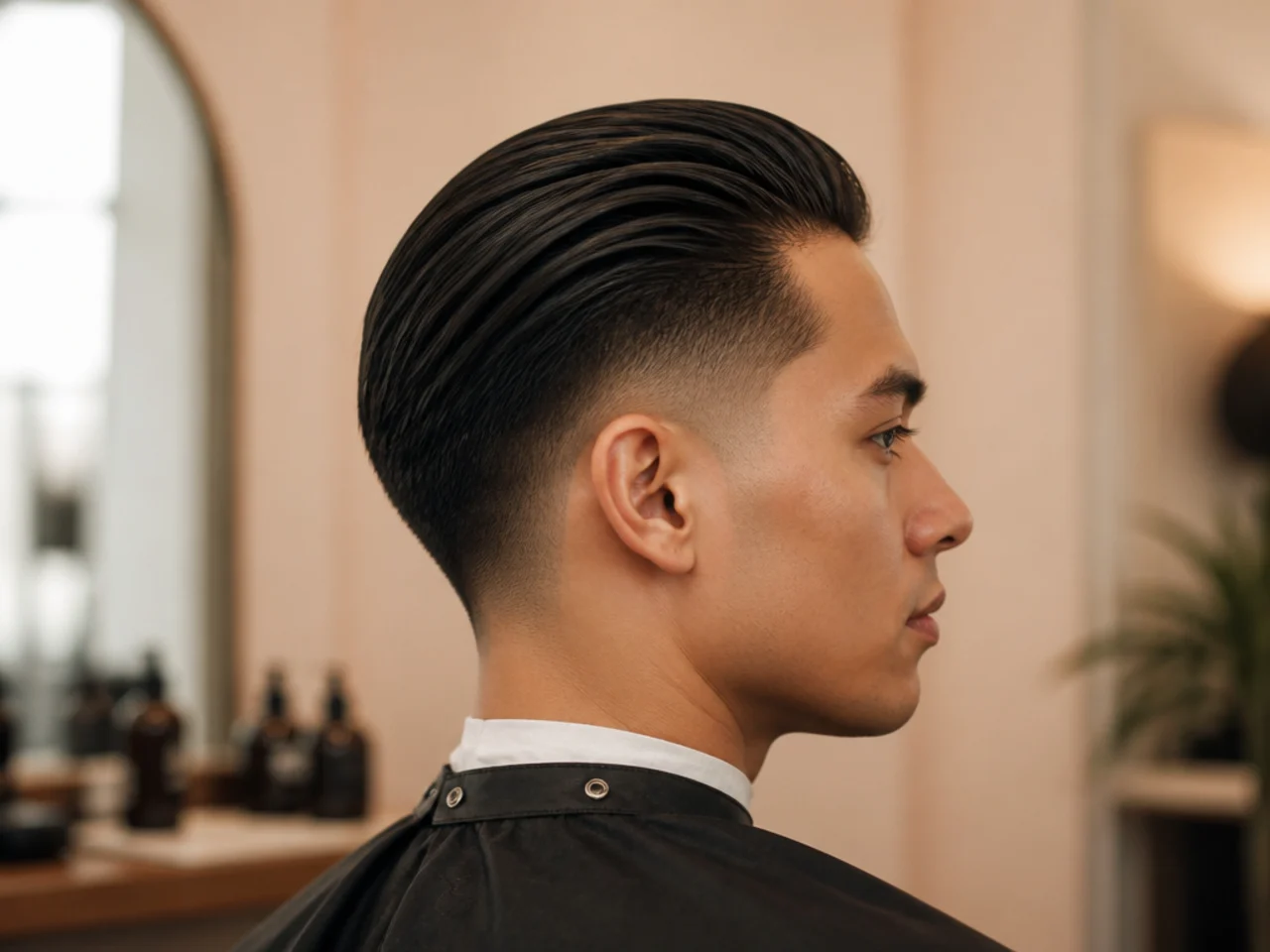 Slicked-back top over a low taper fade