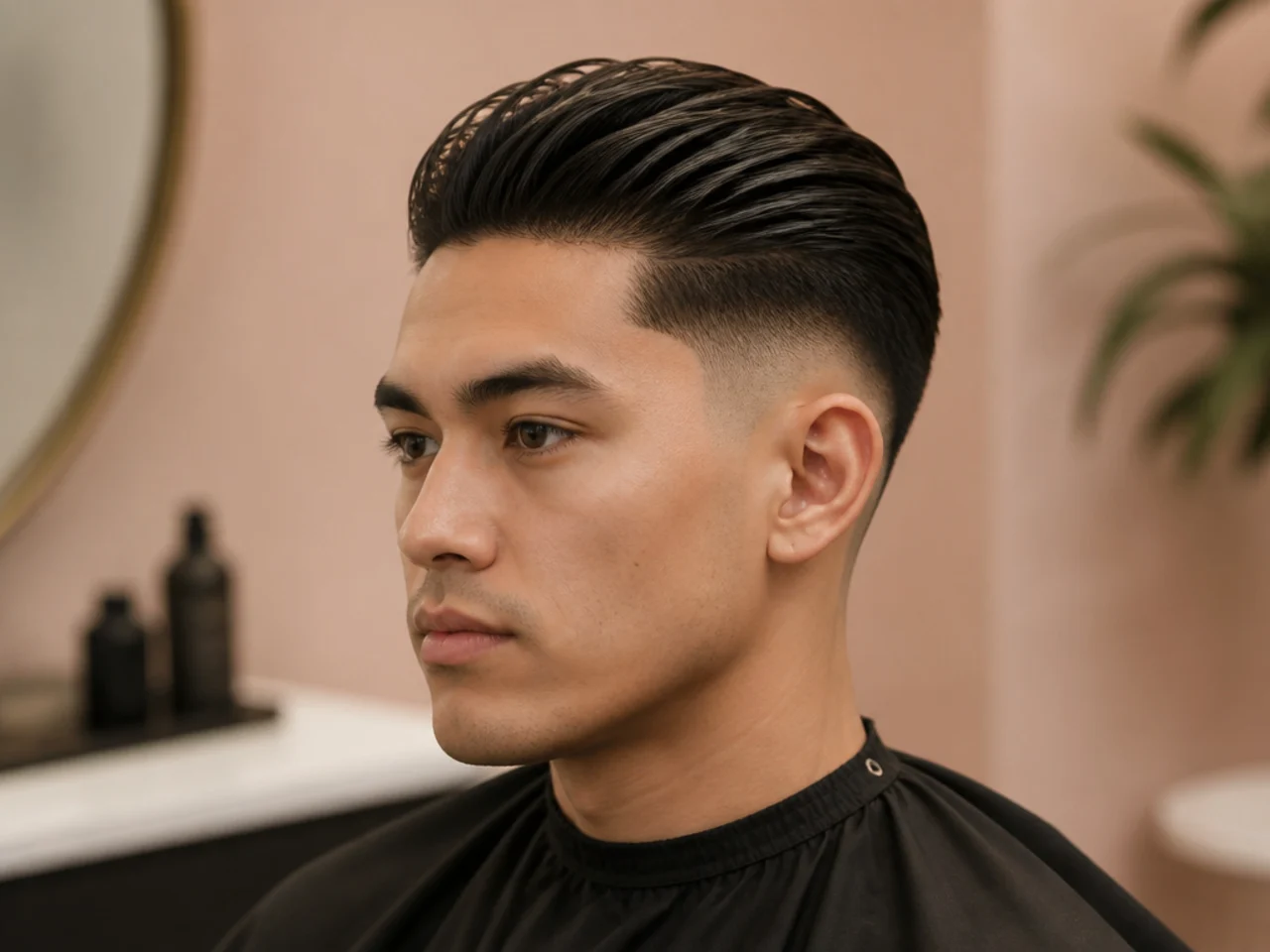 Disconnected taper fade slick back with sharp shelf between the long top and the taper sides