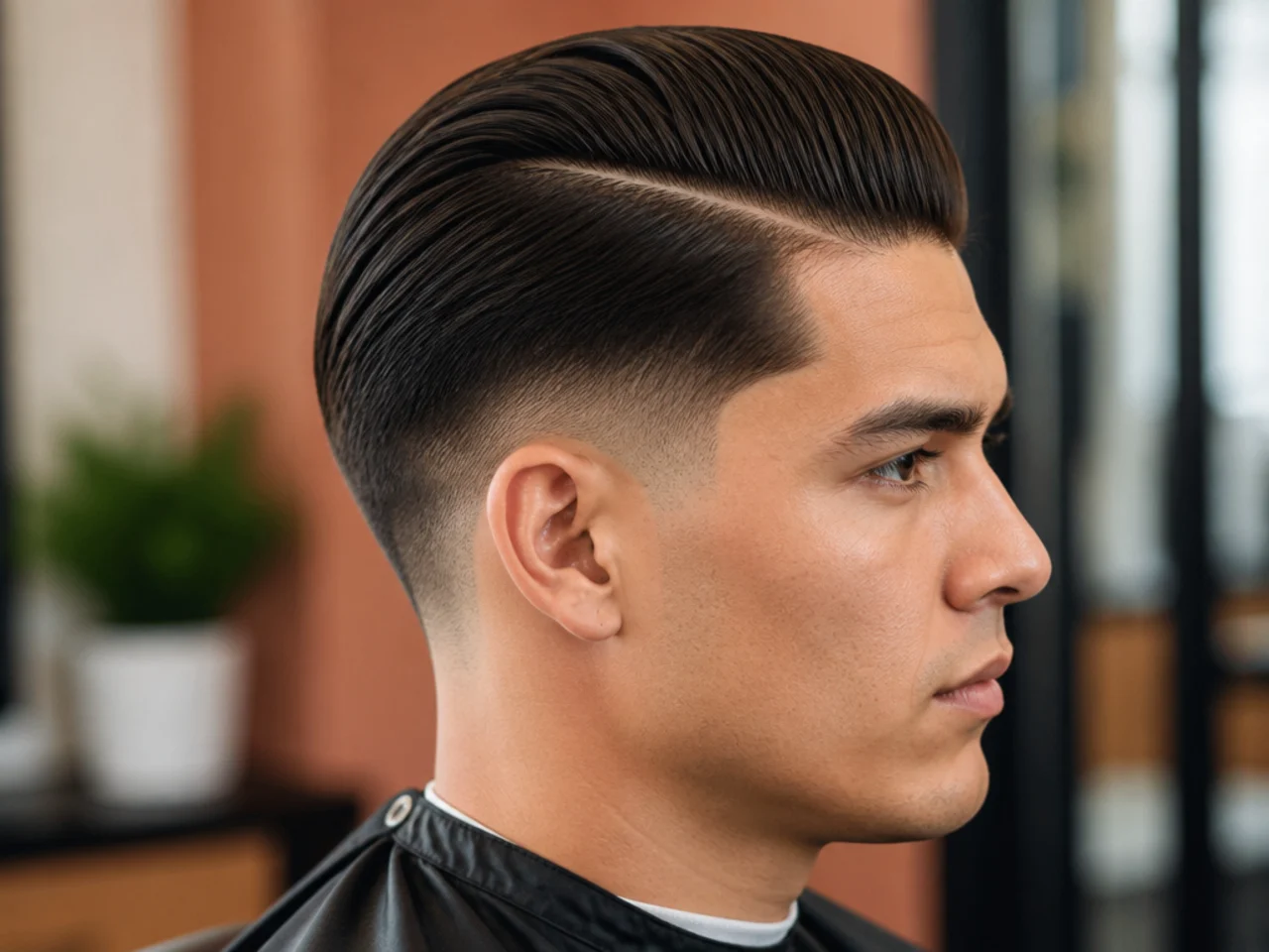 Taper fade slick back with a razor-shaved hard part line above the temple and architectural finish