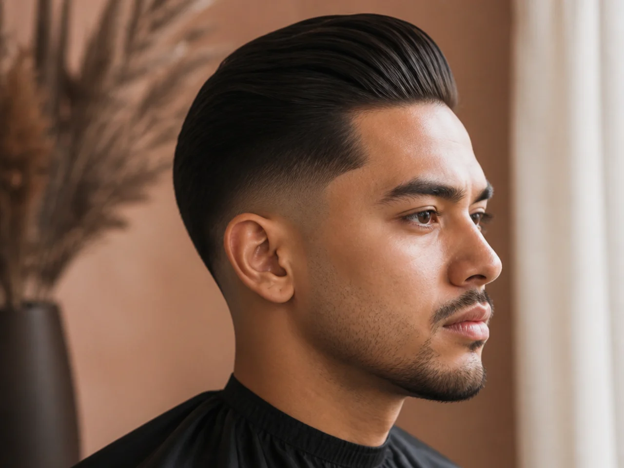 Modern matte taper fade slick back with dry finish and visible texture on wavy brown hair