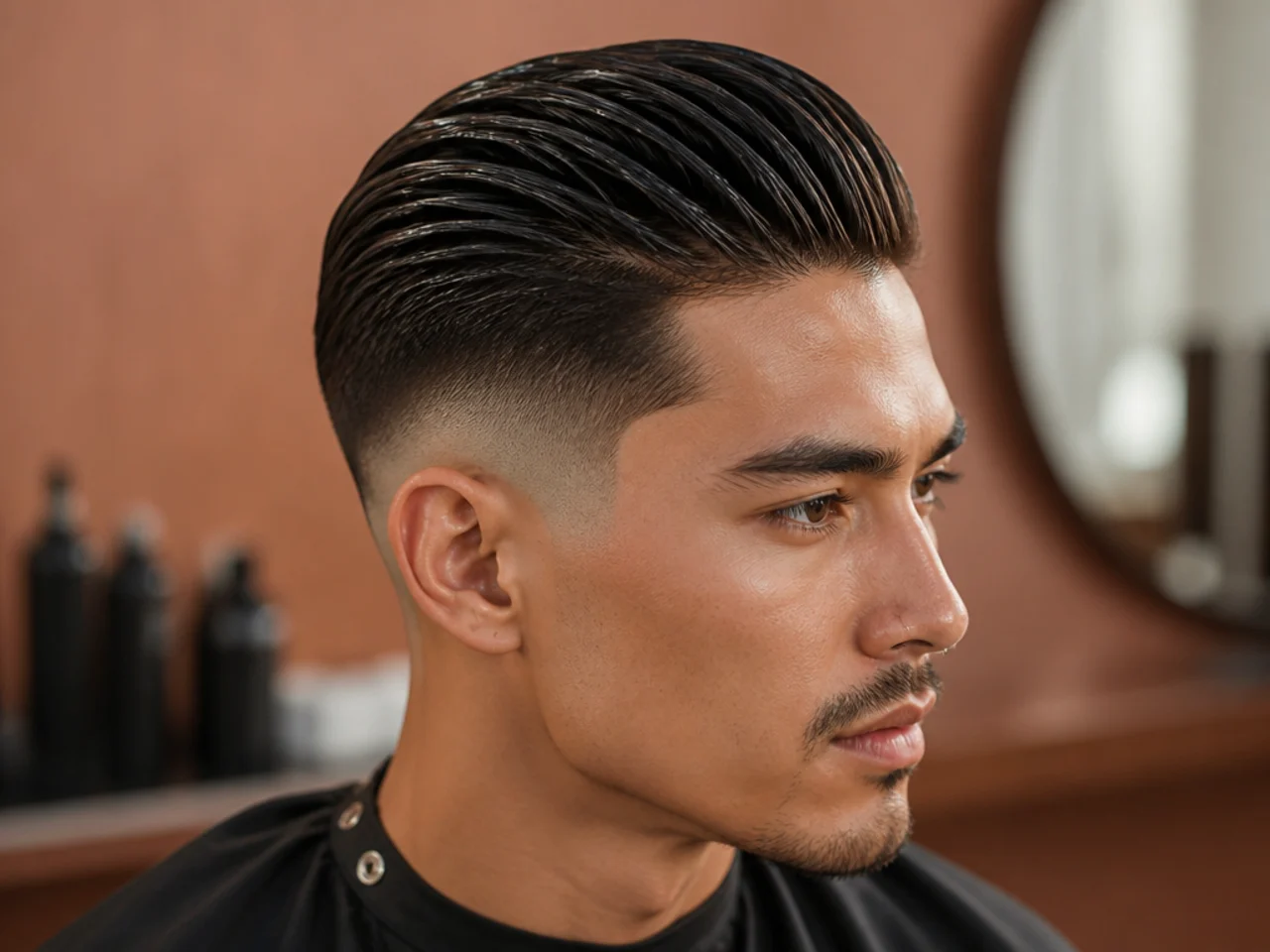 Wet look taper fade slick back with high shine oil pomade finish on straight dark hair