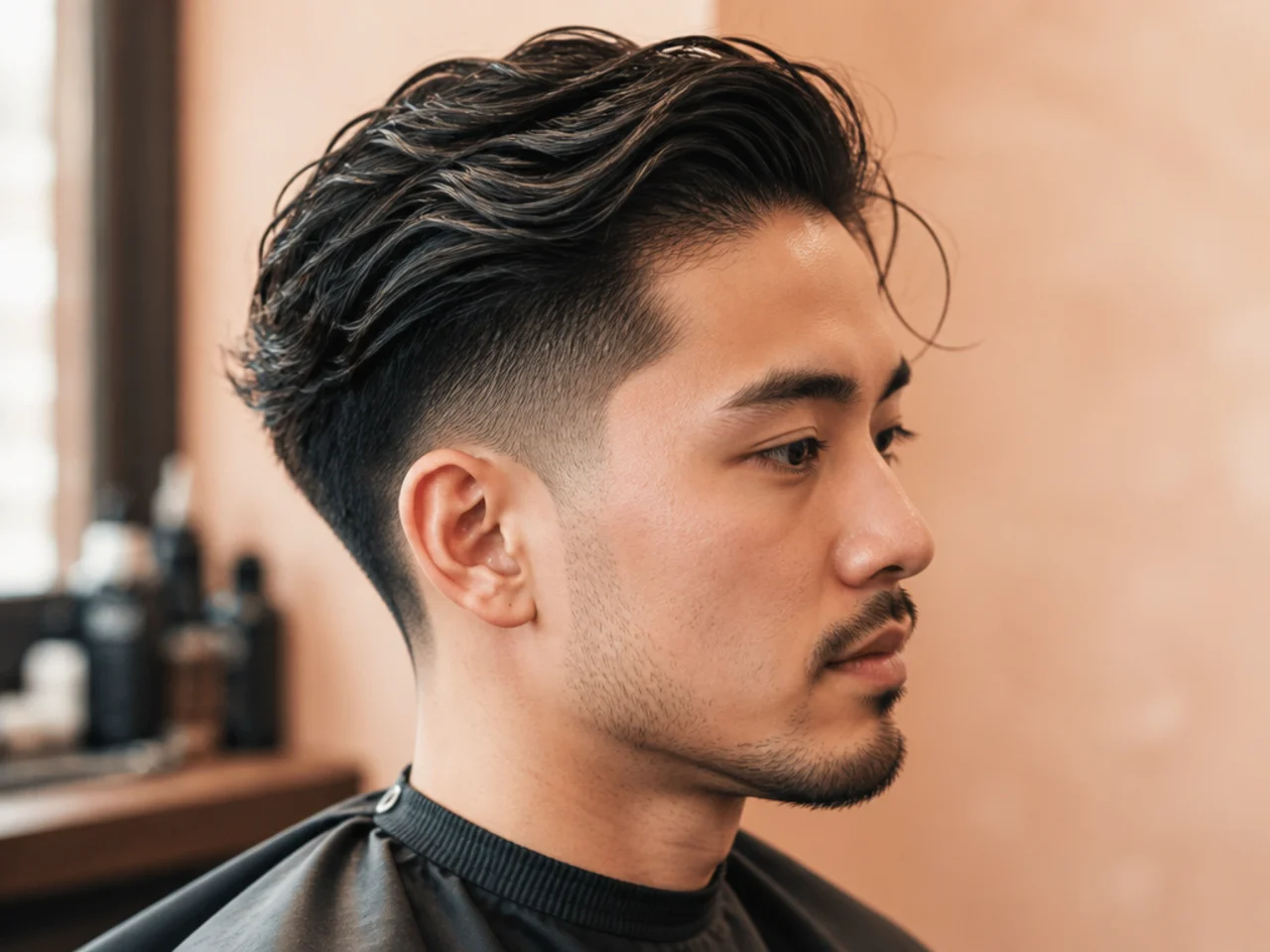 Messy taper fade slick back with intentional strand separation and one loose front piece on brown hair