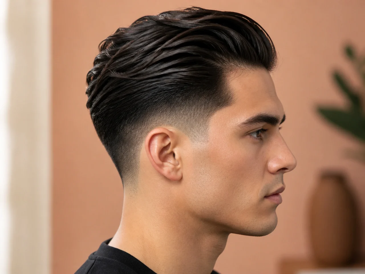 Textured taper fade slick back with piecey separation and matte fiber finish on brown hair
