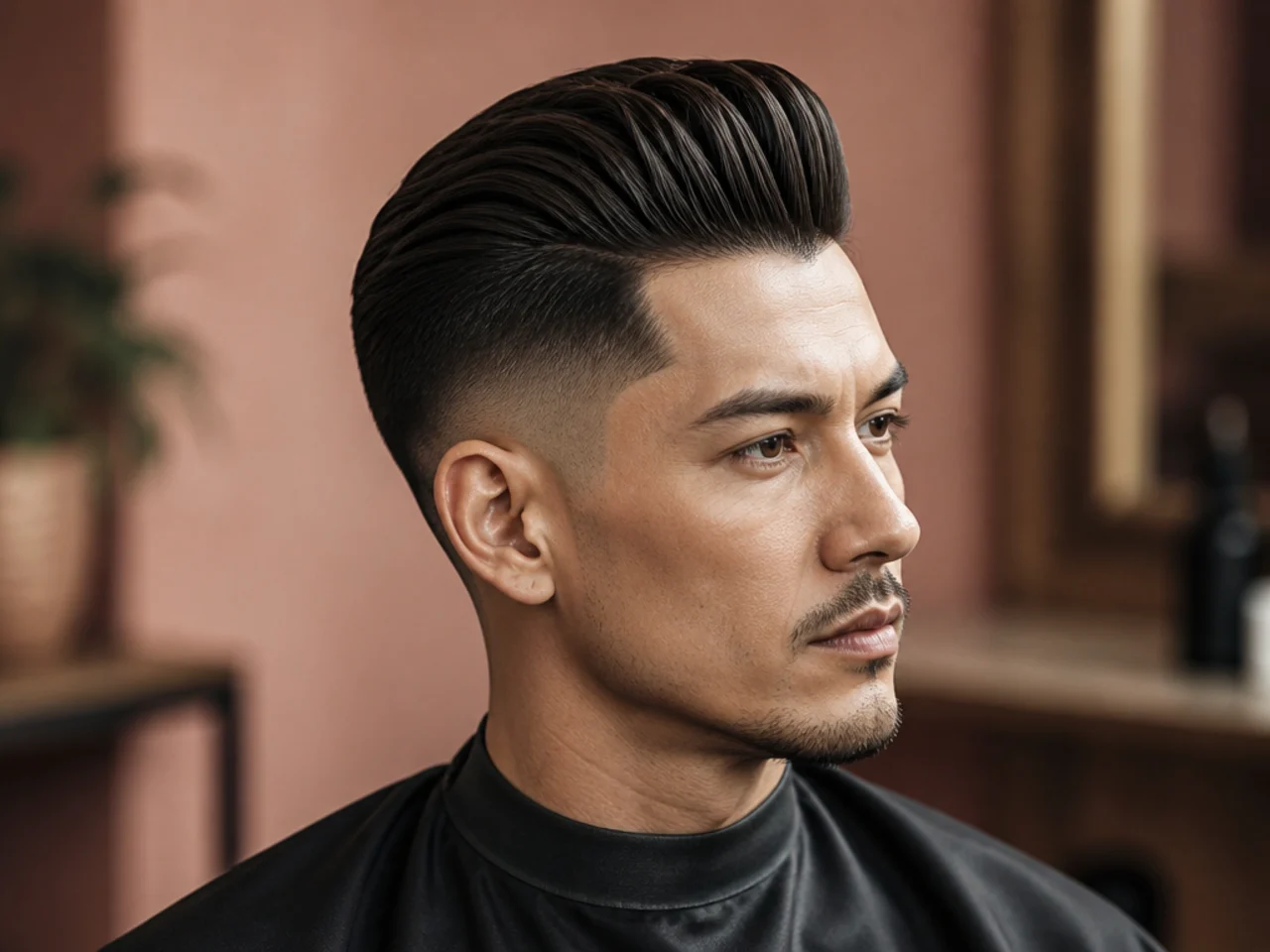 Slick back pompadour with taper fade showing front lift and slicked back sides on straight dark hair