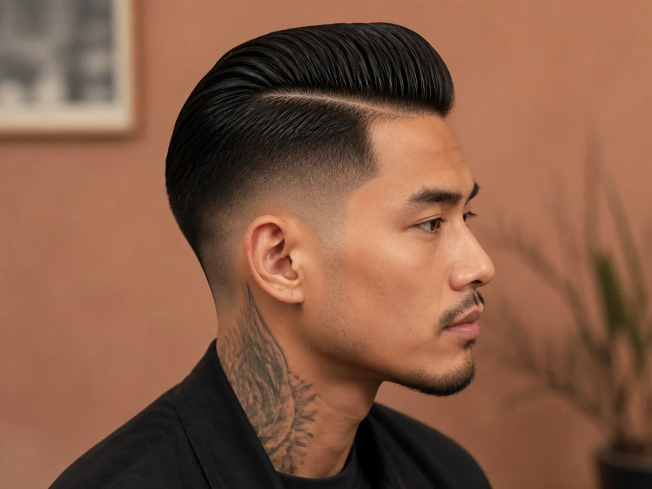 Taper fade slick back with clean side part on straight brown hair and mid taper at the temple