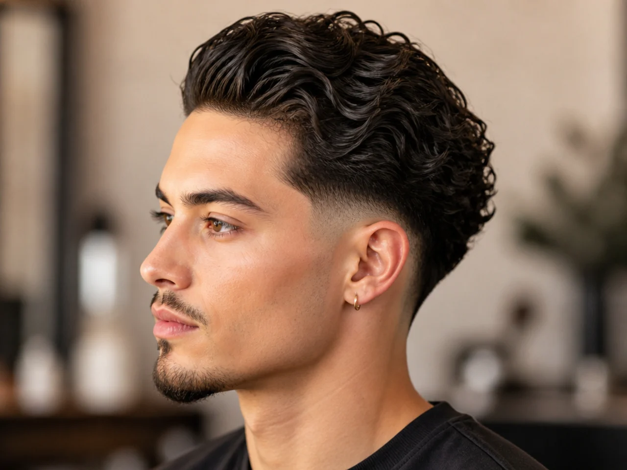 Taper fade slick back for curly hair showing defined 3A curls combed back and mid taper at the perimeter