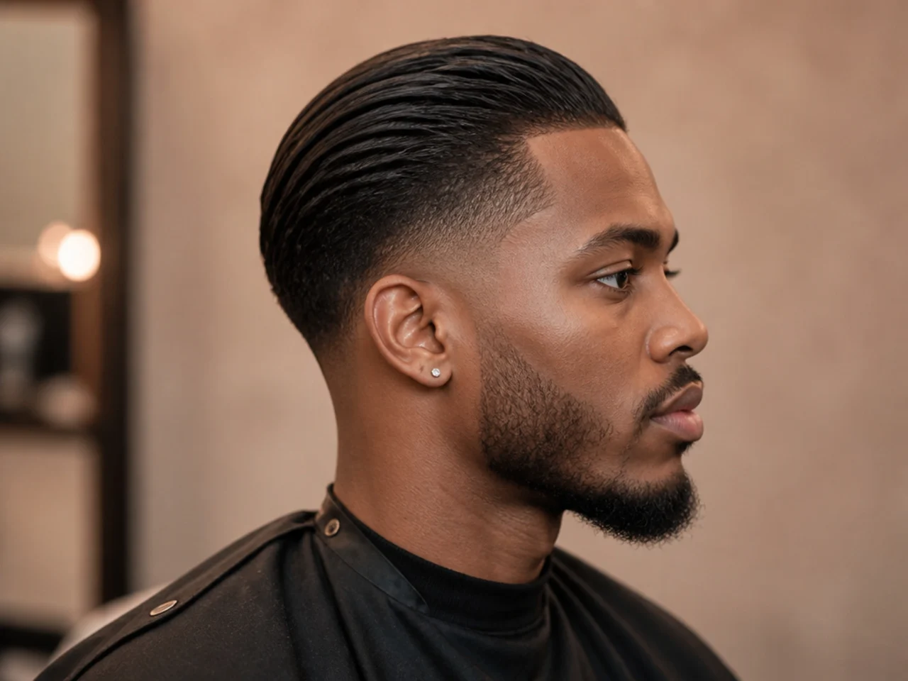 Taper fade slick back for Black men with defined coily texture brushed back and clean skin taper at the perimeter