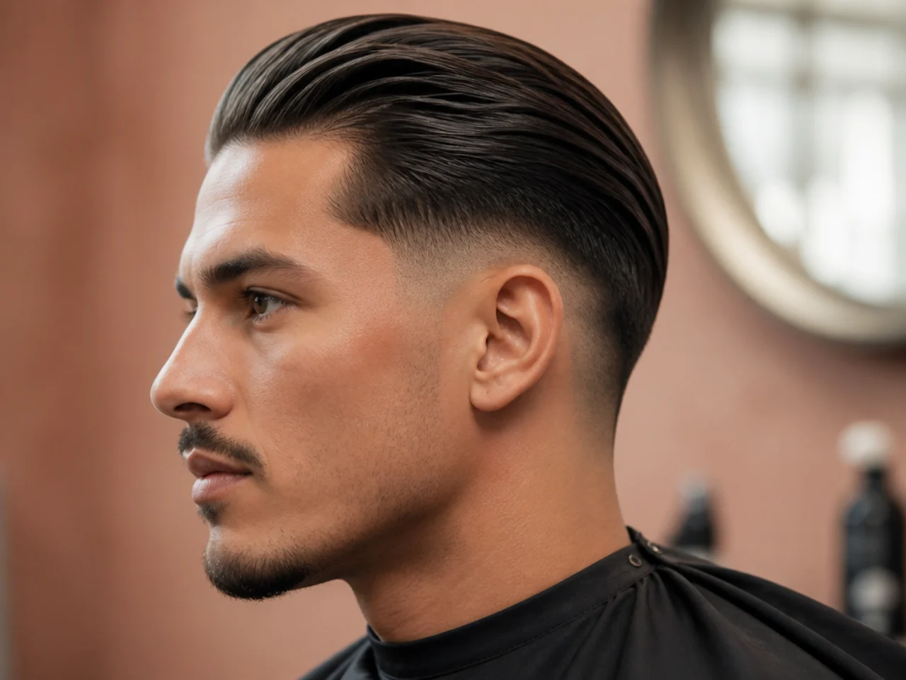 Low taper fade slick back with the taper starting an inch above the ear and clean pomade finish