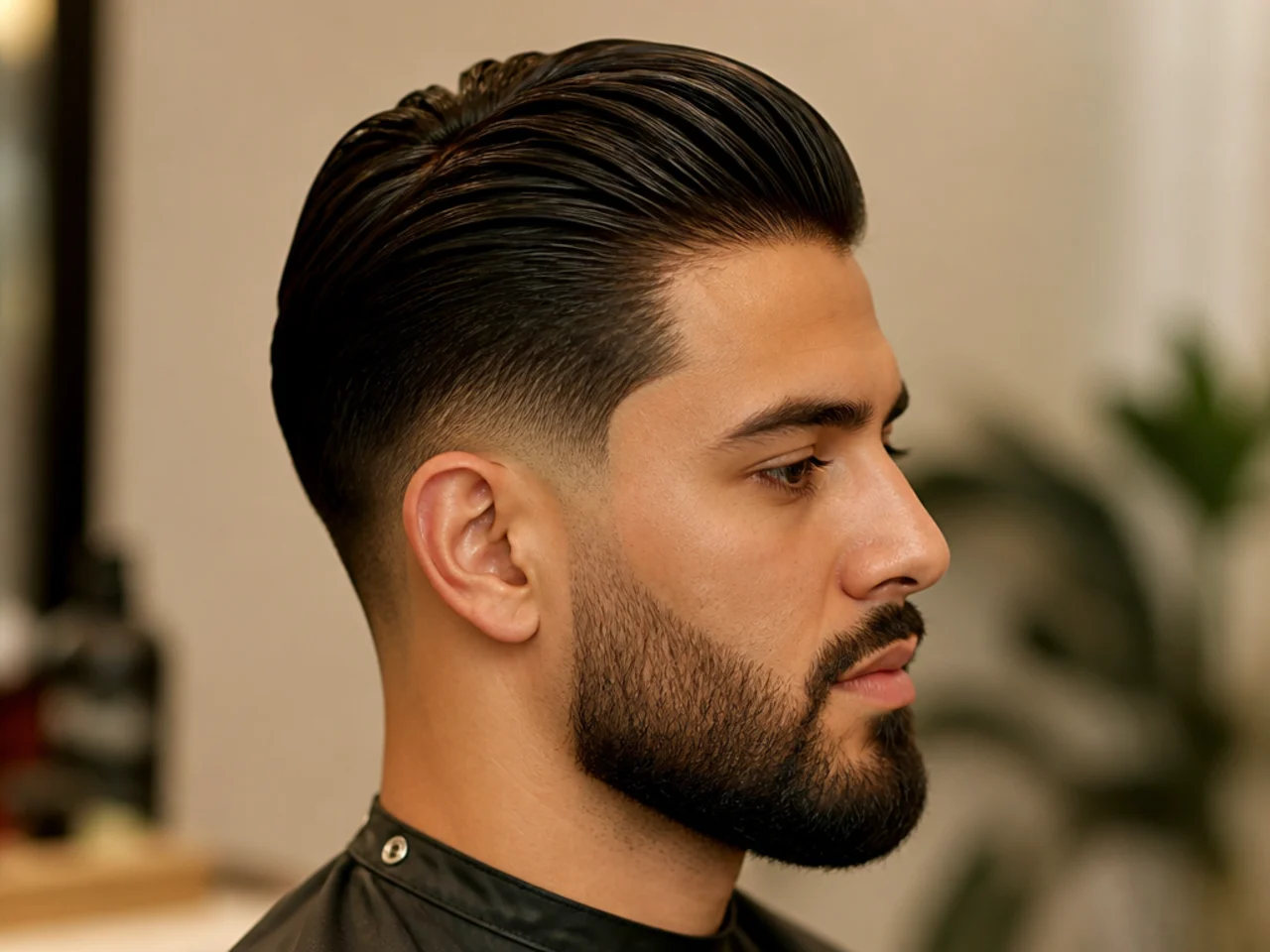 Taper fade slick back paired with a groomed medium beard connecting naturally into the taper geometry