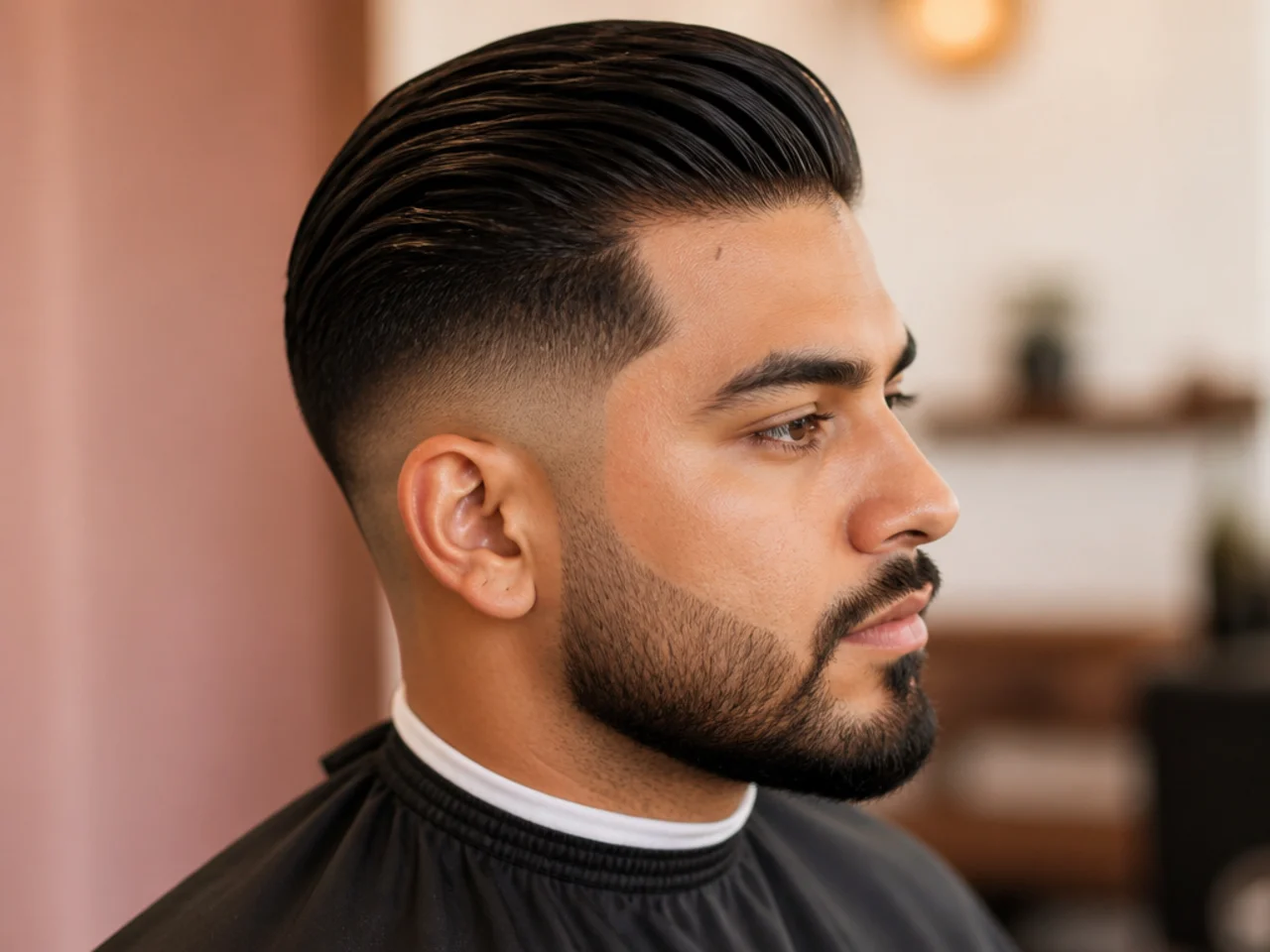 Mid taper fade slick back with the fade starting at the temples and clean slicked back top on wavy brown hair