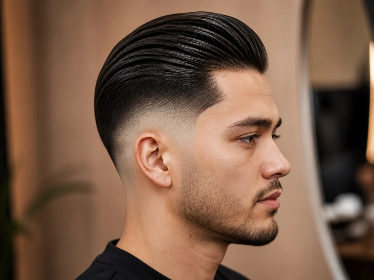 High taper fade slick back with the fade starting near the parietal ridge and sharp side contrast