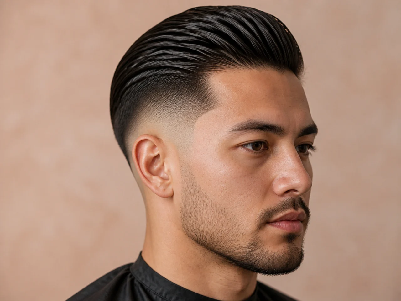 Skin taper fade slick back with the taper blending to bare skin at the perimeter and long slicked top