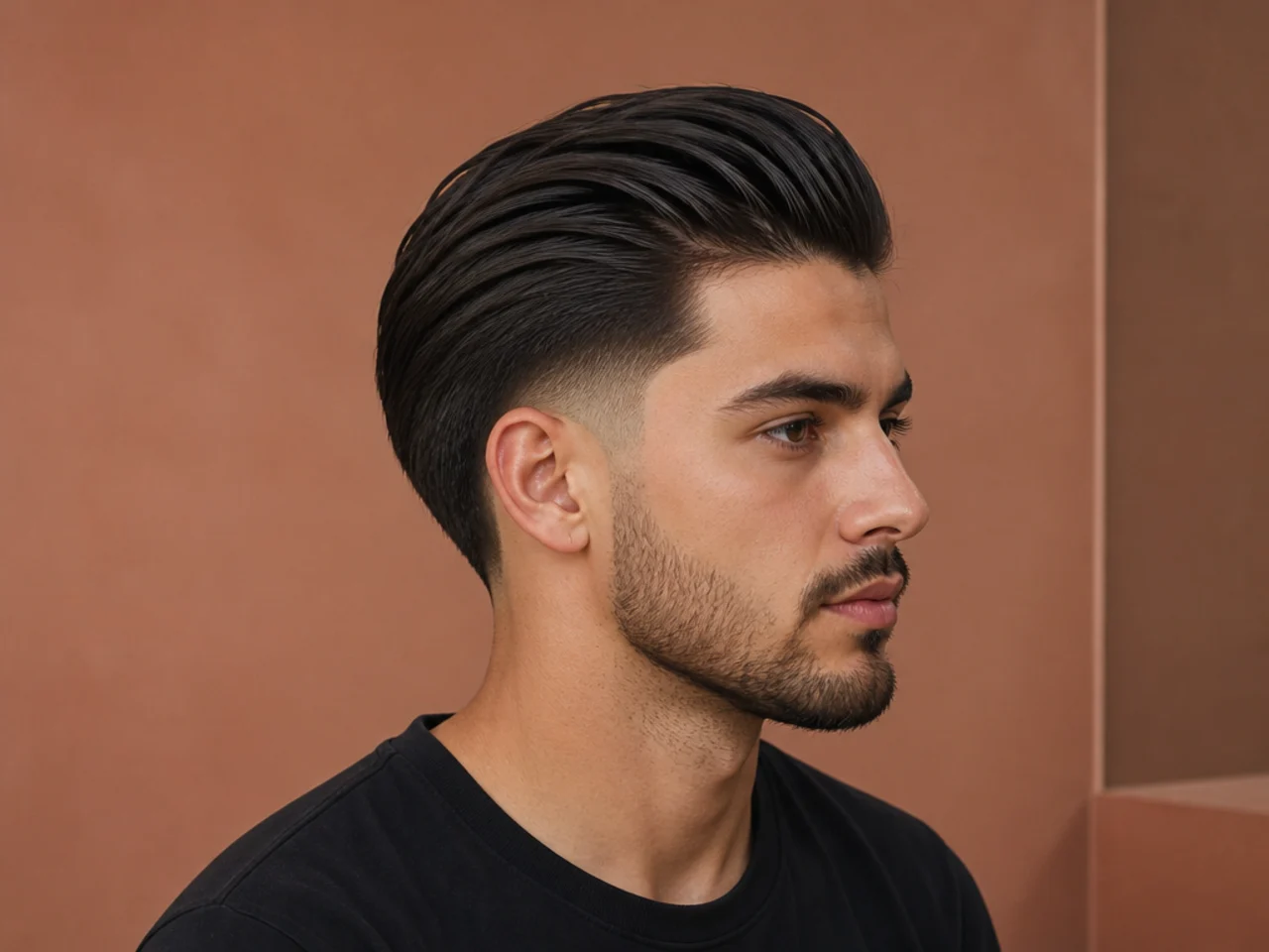 Drop taper fade slick back with the taper curving down behind the ear and soft slicked back top