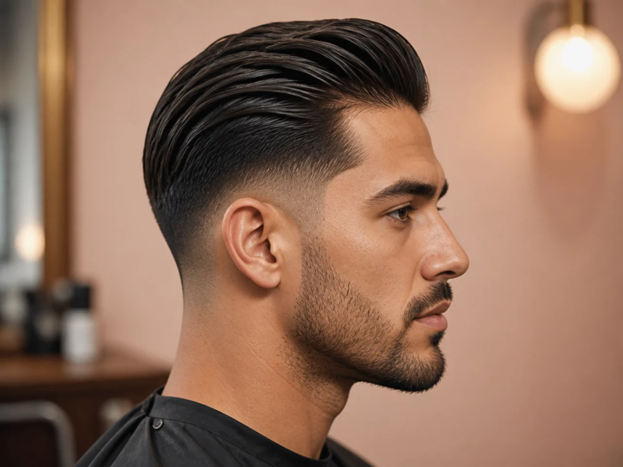Short taper fade slick back with three inches on top and low-maintenance styling on straight hair