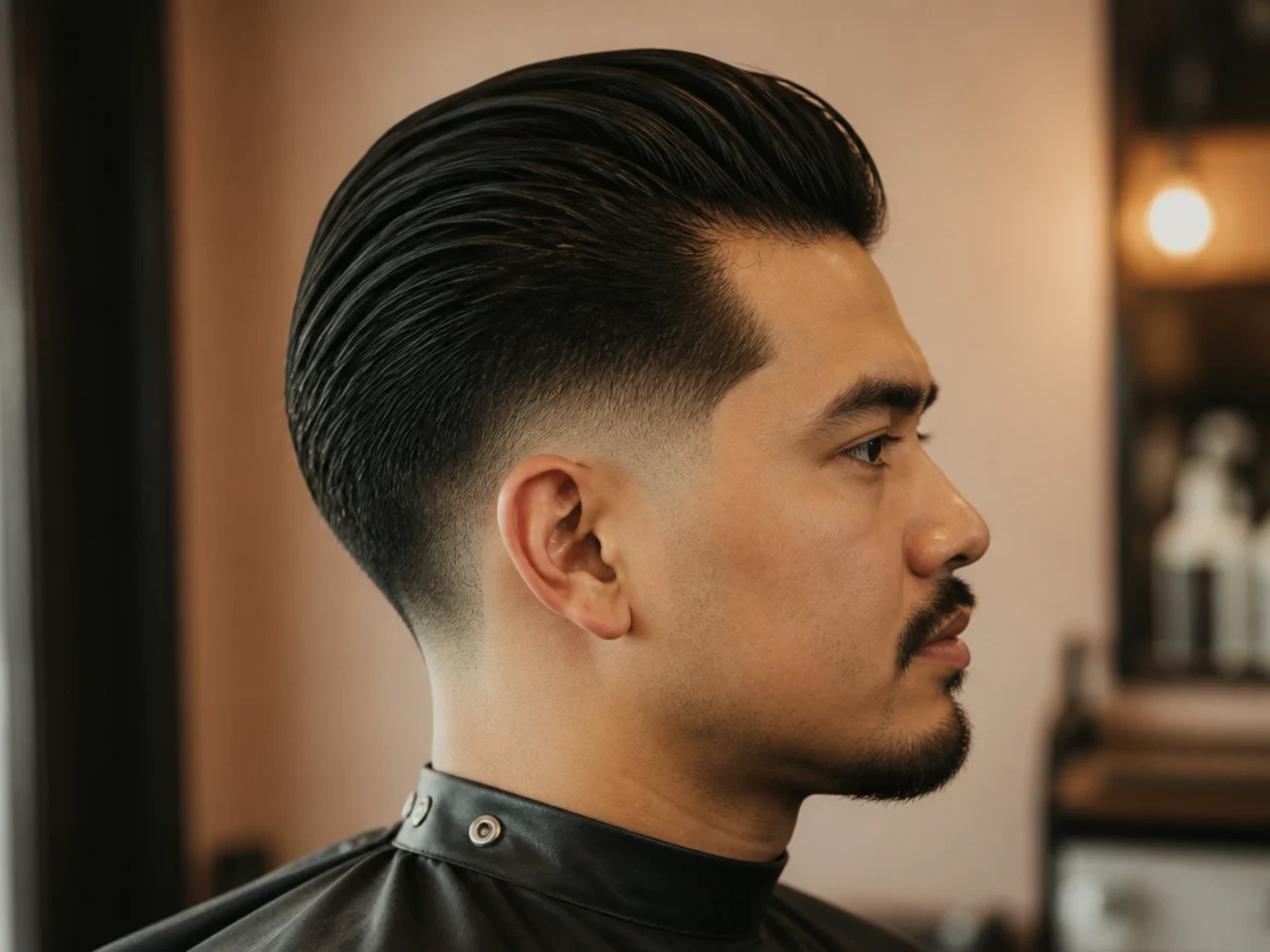 Long taper fade slick back with seven inches of straight hair combed back with natural flow at the crown