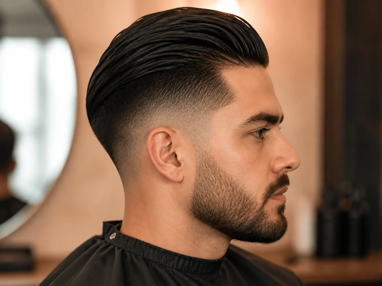 Slick back undercut with taper fade blend at the neckline and disconnected long top