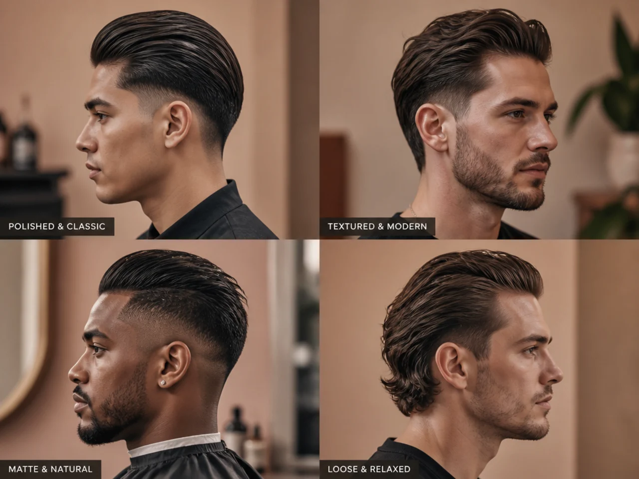 Five taper fade slick back finishing variations showing wet-look pomade dry matte and textured styling