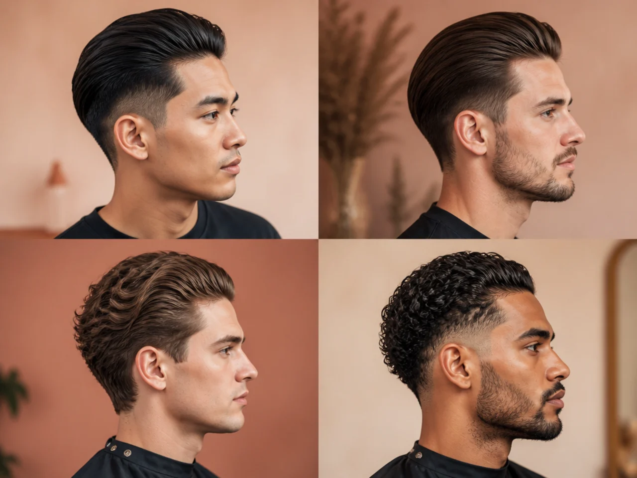 Four taper fade slick back variations styled for different hair types and looks