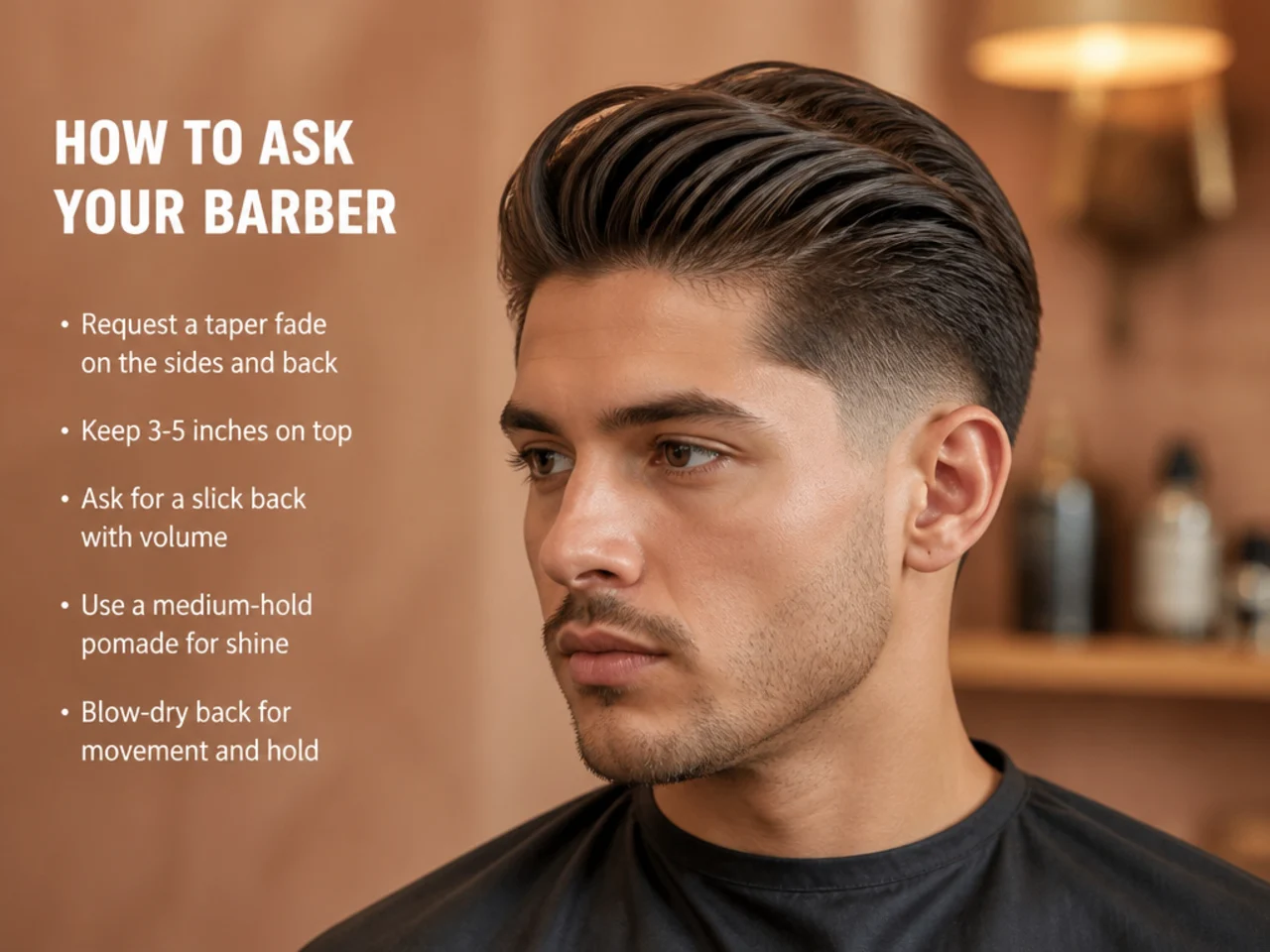 Man showing his barber a photo of a taper fade slick back haircut on his phone in a warm-lit barber shop